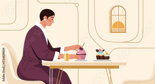 Illustration of a woman enjoying cupcakes and juice at a table with a window view interior