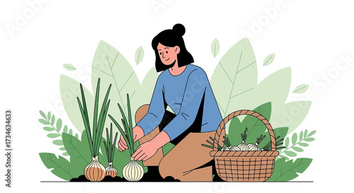 Illustration of a woman harvesting onions in her garden, a healthy and sustainable lifestyle concept