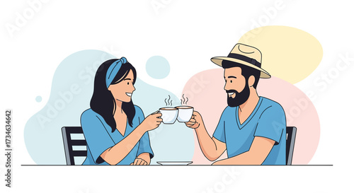 Illustration of a young couple toasting with coffee cups in a cafe setting