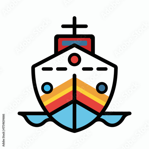 Colorful freighter ship icon with blue hull sailing the ocean, perfect for nautical themed designs, maritime industry, or children's educational materials