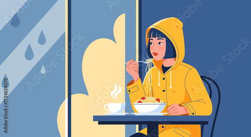 Illustration of a woman in a yellow raincoat enjoying spaghetti on a rainy day indoors showing peace