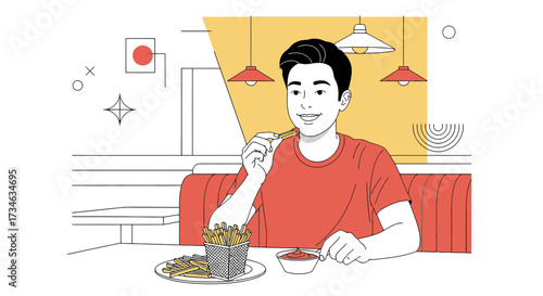 Illustration of a young man enjoying a plate of golden french fries at a restaurant with retro decor
