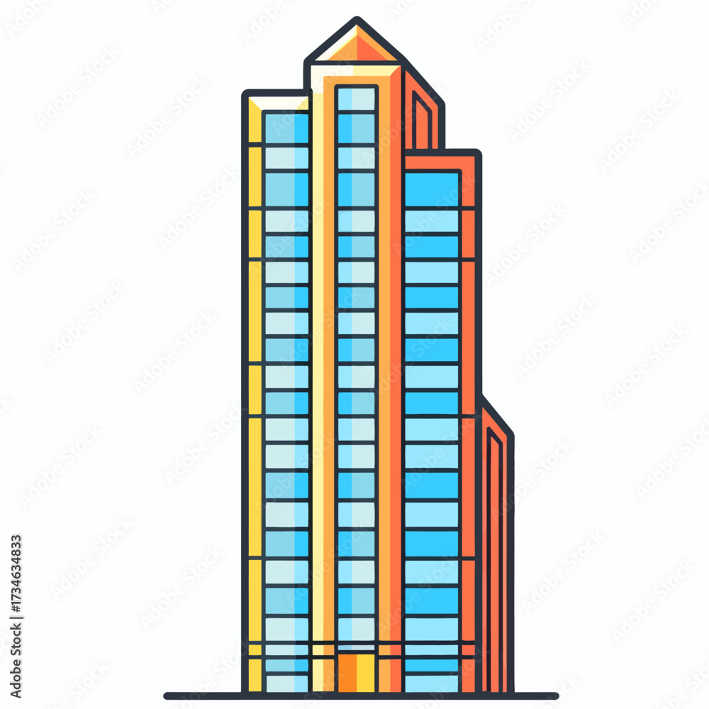 Obraz premium Modern orange and yellow skyscraper with a blue sky reflecting in its windows, representing urban development and architectural design in a city's landscape