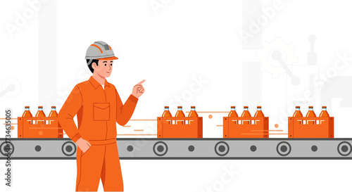 Illustration showcasing an industrial worker monitoring a beverage bottling production line