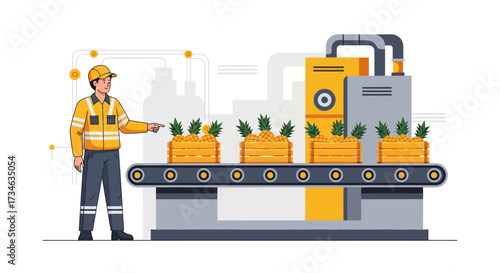 Illustration showcasing pineapple processing and quality control on a conveyor belt system