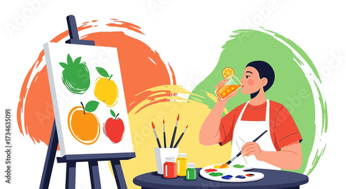 Illustrative depiction of a painter taking a break with an orange juice while painting fruits