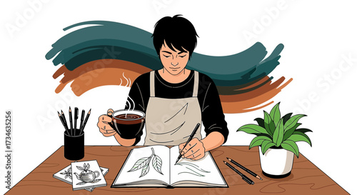 Illustrative scene of an artist drawing leaves with coffee in hand artistic pursuits