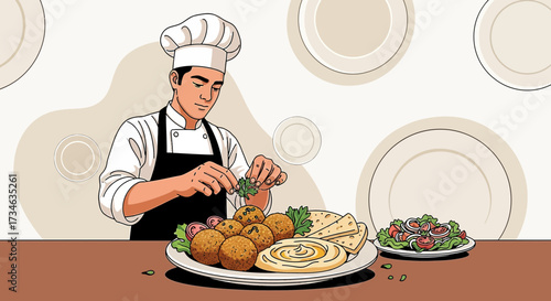 Illustrative scene of a chef preparing a falafel platter with salad and hummus in a culinary setting
