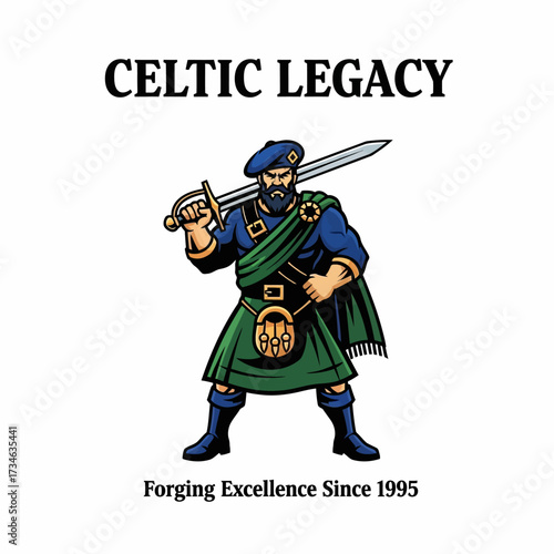 Cartoon illustration of a Scottish Highlander warrior in a kilt holding a broadsword, with 'Celtic Legacy' text above and 'Forging Excellence Since 1995' below.