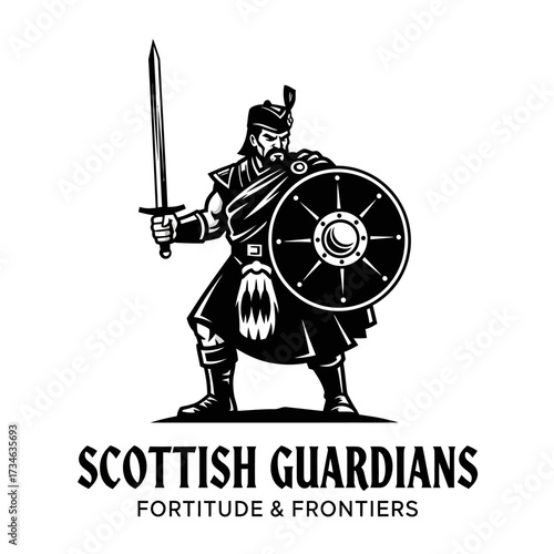 A black and white illustration of a Scottish warrior in a kilt holding a sword and shield, with "Scottish Guardians" text.