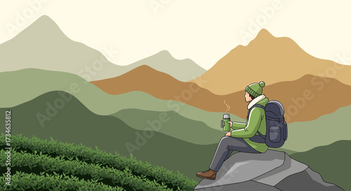 Man enjoying mountain view with hot drink during hiking adventure in nature scenery