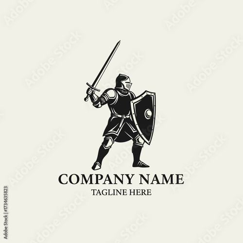Vintage black and white illustration of a medieval knight in full armor holding a sword and shield, suitable for a company logo.