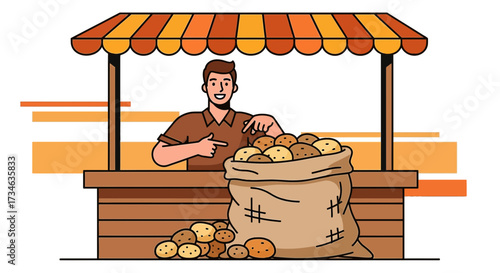 Man selling potatoes at a farmers market, smiling vendor pointing product and sack full potatoes