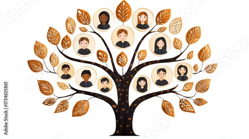 An artistic family tree illustration featuring diverse faces among vibrant autumn leaves.