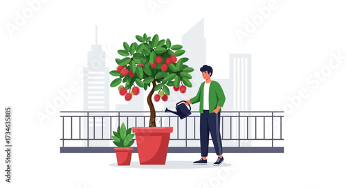 Man tending to a rambutan tree in a pot on a city balcony urban gardening concept