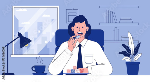 Office worker indulging in sweet treats during break time cartoon illustration