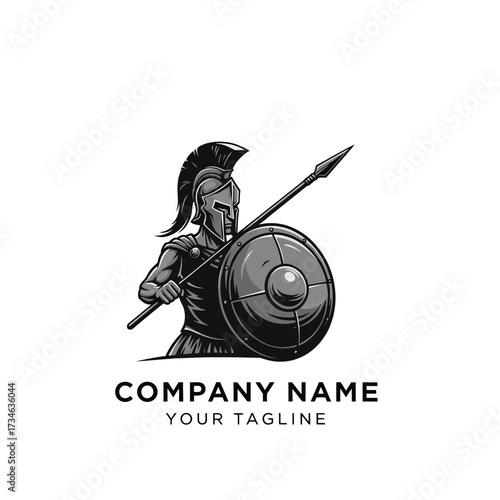 Monochrome illustration of a Spartan warrior with a spear and shield, designed as a company logo.