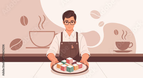 Professional barista presenting a plate of delightful turkish delights in a cozy cafe setting