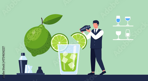 Professional bartender preparing a refreshing caipirinha cocktail in a stylish bar setting