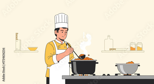 Professional chef preparing a delicious meal in a well-equipped kitchen illustration