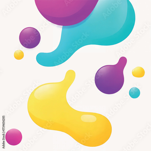 Vibrant abstract fluid shapes with purple, yellow, and cyan colors on a light background