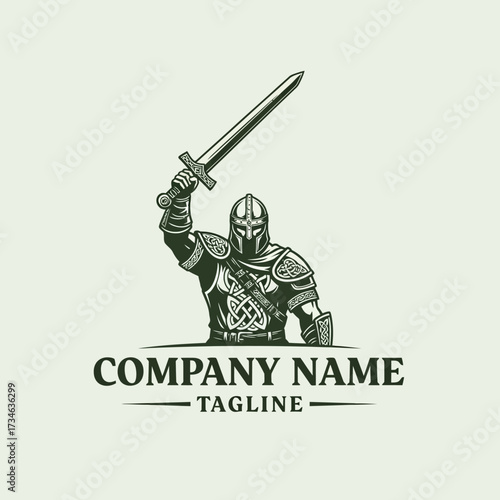Vintage style illustration of a medieval knight in full armor holding a sword aloft, designed as a logo with text placeholders.