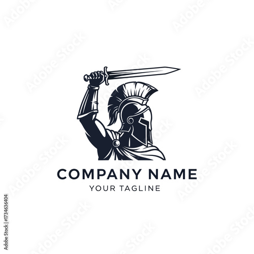 Monochrome logo of a Spartan warrior in a plumed helmet raising a sword, suitable for a company brand.