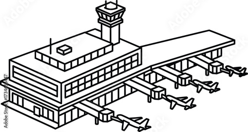 Isometric illustration of an airport terminal with airplanes at gates