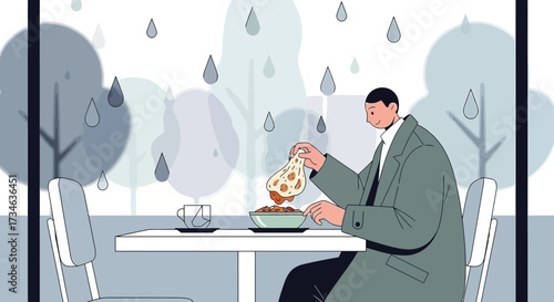 Rainy day meal a man enjoying comfort food in a cozy restaurant setting illustration