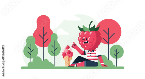 Raspberry character enjoying ice cream in a park, quirky fruity scene illustration