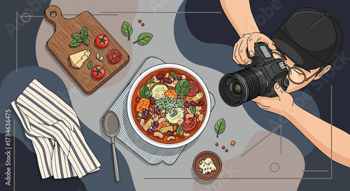 Professional food photography setup featuring a delicious minestrone soup bowl and fresh ingredients