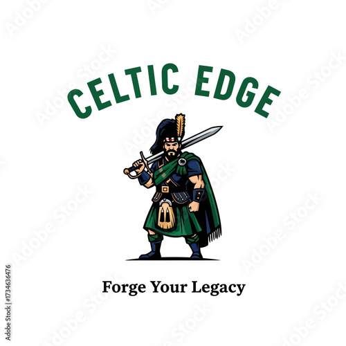 A detailed illustration of a Scottish Highlander warrior in traditional attire, holding a sword, with 'Celtic Edge' text above and 'Forge Your Legacy' below.
