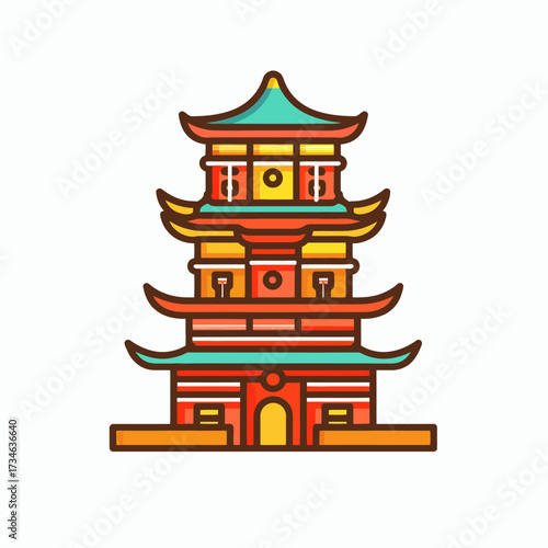 Vibrant pagoda icon perfect for travel blogs, cultural projects, or Asian themed designs that represent tradition, architecture and vibrant colors of the east.