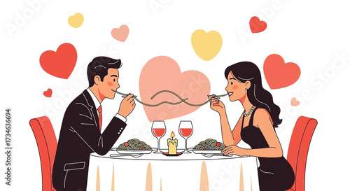 Romantic dinner concept featuring a couple sharing spaghetti on Valentine's Day celebration