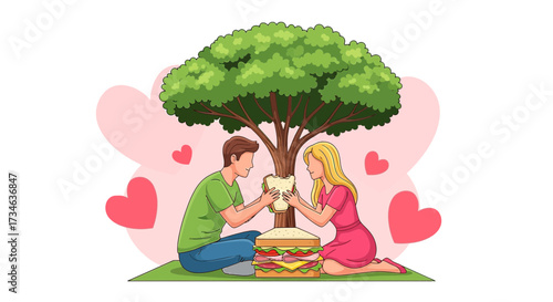 Romantic picnic illustration of couple sharing a sandwich under the tree in a park