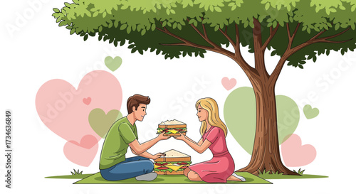 Romantic picnic under the tree with a couple enjoying sandwiches illustration