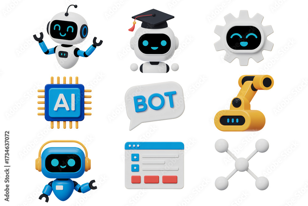 Obraz premium Charming assortment of AI robots and icons, perfect for illustrating innovation, automation, and the future of technology in a fun, engaging way