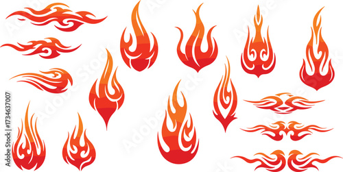 Stylized flame vector set, red orange fire design, tattoo flame icons, burning shapes, fiery illustration, heat symbol, graphic art
