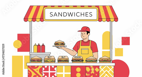 Sandwich stall illustration with various sandwiches served by a vendor offering a delicious menu