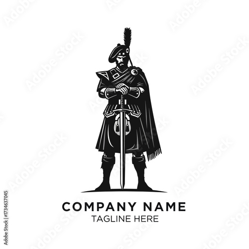 Black and white logo design of a Scottish Highlander warrior in traditional attire holding a claymore sword, standing on a small hill.