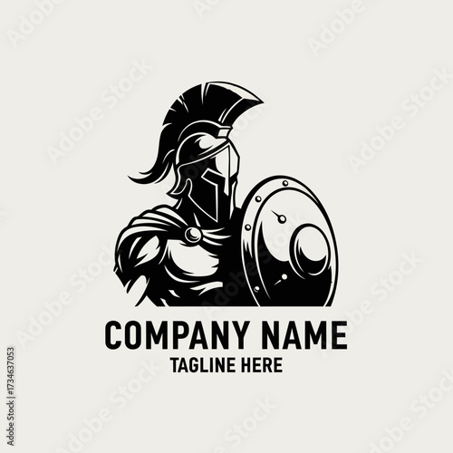 Monochrome logo template of a powerful Spartan warrior with a helmet and shield for a company brand.