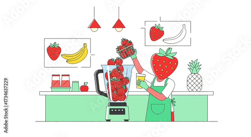 Strawberry Headed Cartoon Character Making a Smoothie in a Kitchen Setting Illustration