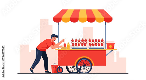 Street food vendor preparing satay skewers in a vibrant urban scene concept