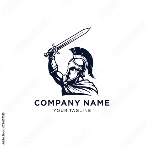 Monochrome logo template featuring a powerful ancient Greek warrior raising a sword in victory.
