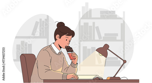 Student enjoys a sweet treat during study session surrounded by books in room indoors