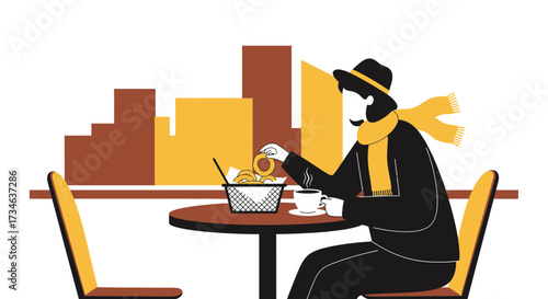 Stylish illustration of a person enjoying breakfast at an outdoor cafe with city view creates a