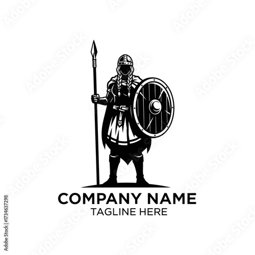 Black and white illustration of a powerful Viking warrior holding a spear and a round shield, depicted in a strong, iconic logo style.