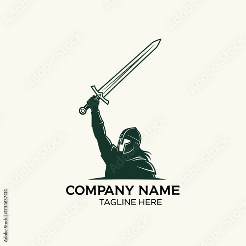 Silhouette of a warrior raising a sword, a symbol of strength and victory, with company name.