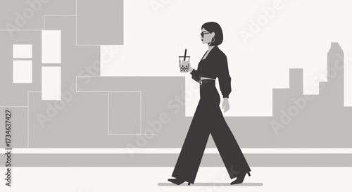 Stylish Woman Walking in the City with Bubble Tea Illustration Graphic Design
