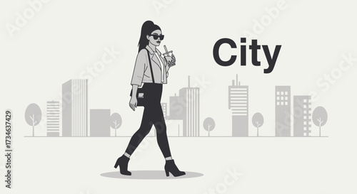 Stylish woman walking with bubble tea in city with minimalist cityscape design
